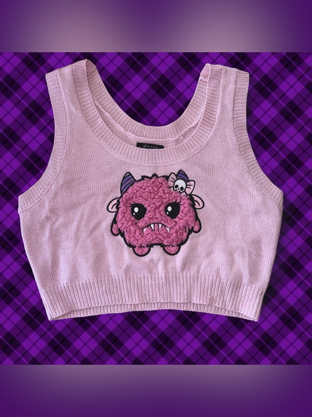 Pastel Goth Pink Monster Knit Sleeveless Crop Top ~ Size L